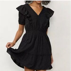 LC Lauren Conrad Black Dress * Swiss Dot Mini Ruffled Smocked Dress* Size Large
